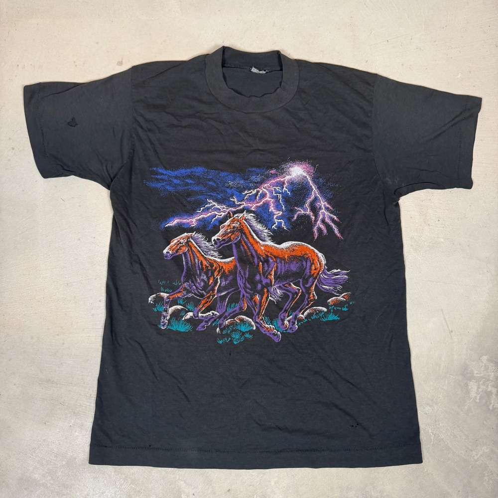 Vintage 90s Lightning Horse Graphic T-Shirt Black Single Stitch Mens Medium